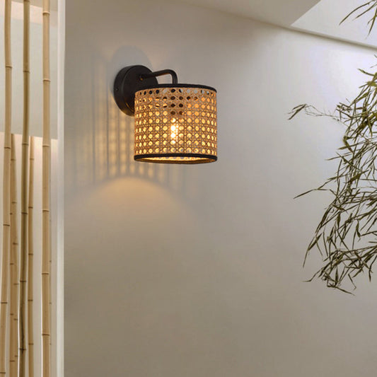 Muto Rustic Cylindrical Rattan/Metal Wall Lamp, Brown