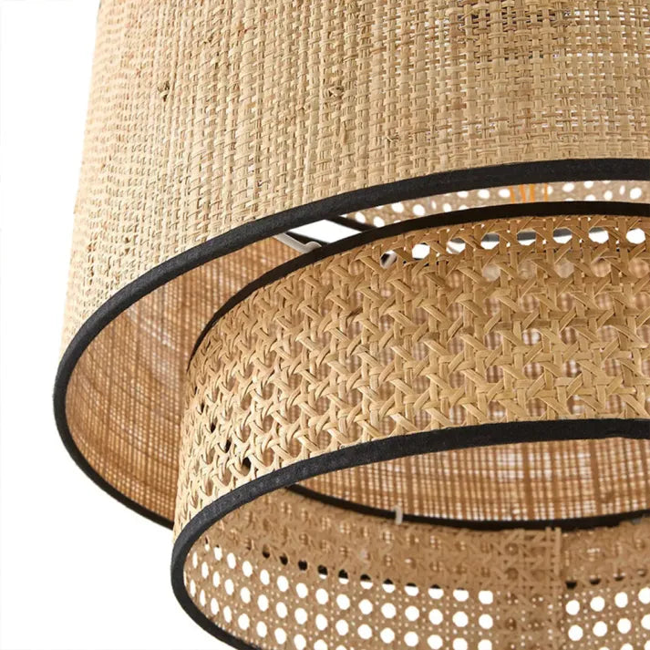 Suspension cylindrique Ritta Wabi Sabi à trois couches en rotin et métal, bois