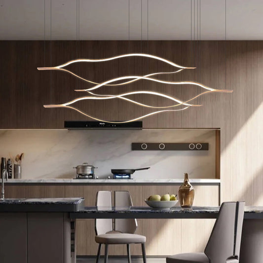 Arisha LED-Pendelleuchte, linear, minimalistisch, wellenförmig, goldene Blattform