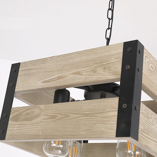 Silva Retro vierkante hanglamp van metaal en hout, 4 lampenkappen, 2 stijlen