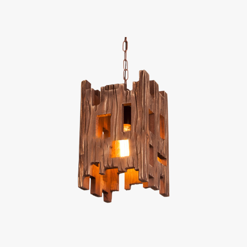 Rechteckige Retro-Pendelleuchte aus Metall und Holz im Epoch-Stil