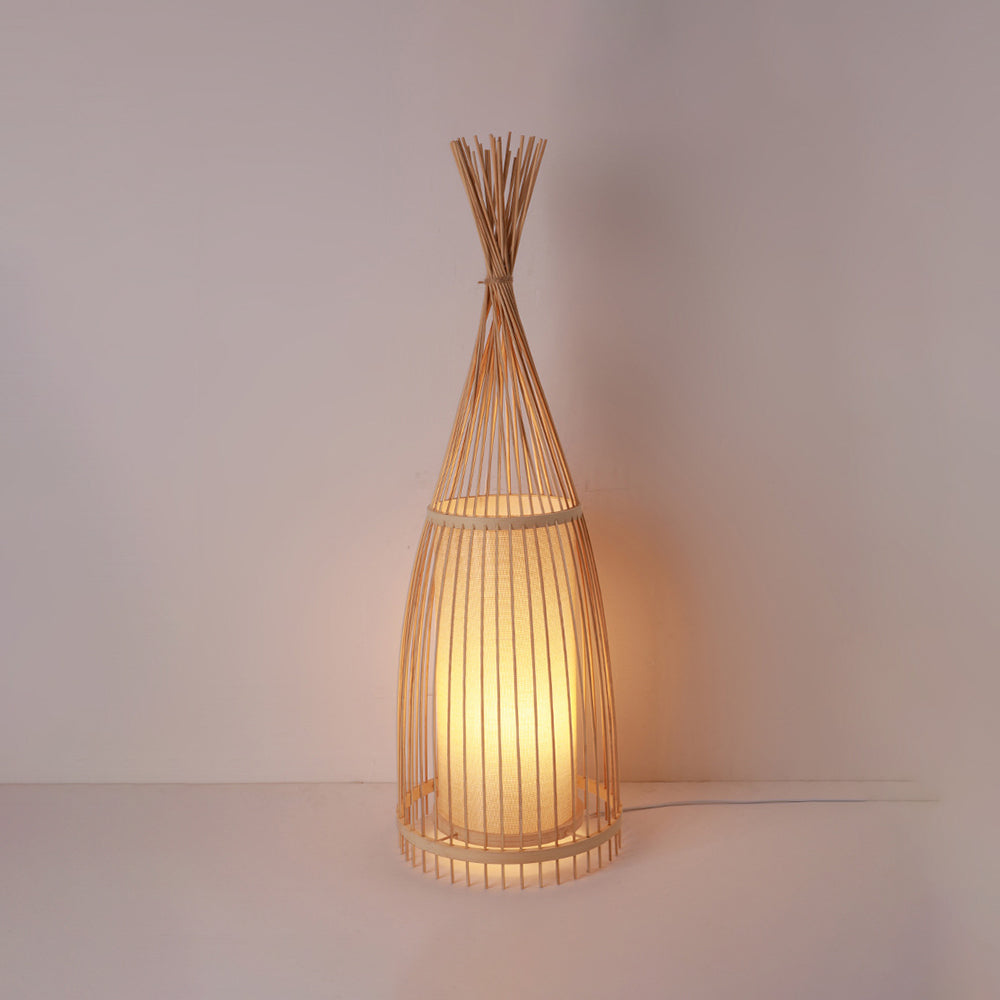 Lampadaire sur pied bouteille rustique Ozawa, rotin/tissu, chambre à coucher