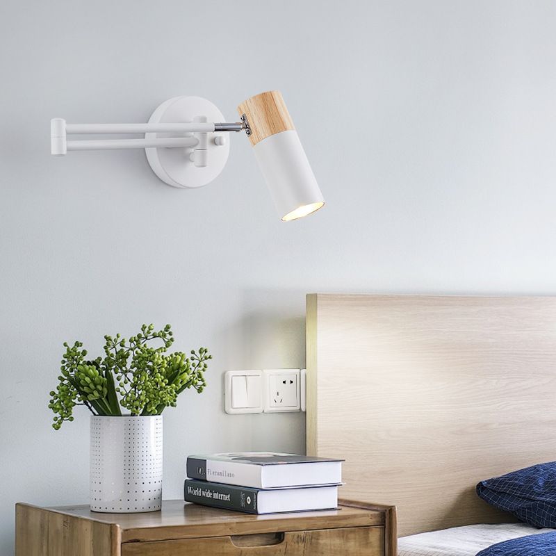 Muto Nordic Can Shaped Adjustable Wall Lamp, Metal/Wood, White