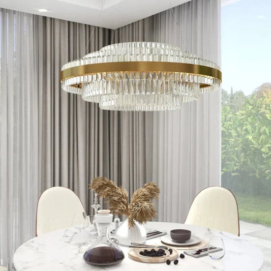 Kristy Moderner mehrstufiger Kristall-LED-Kronleuchter im Wohnzimmer aus Messing