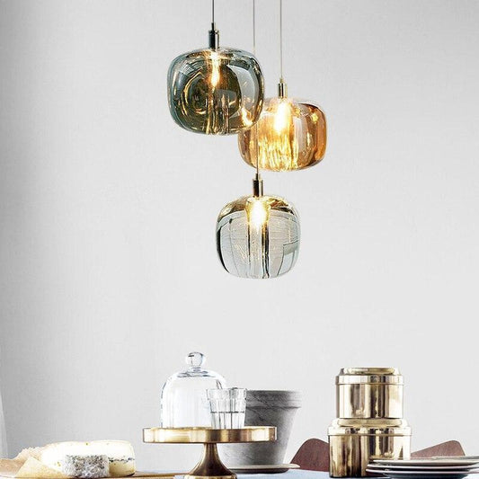 Valentina Moderne LED-Pendelleuchte aus Blasenglas, Bernstein/Klar/Grau
