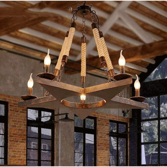 Retro-Pentagramm-Kronleuchter aus Rostmetall/Seil im Epochenstil für Café/Restaurant