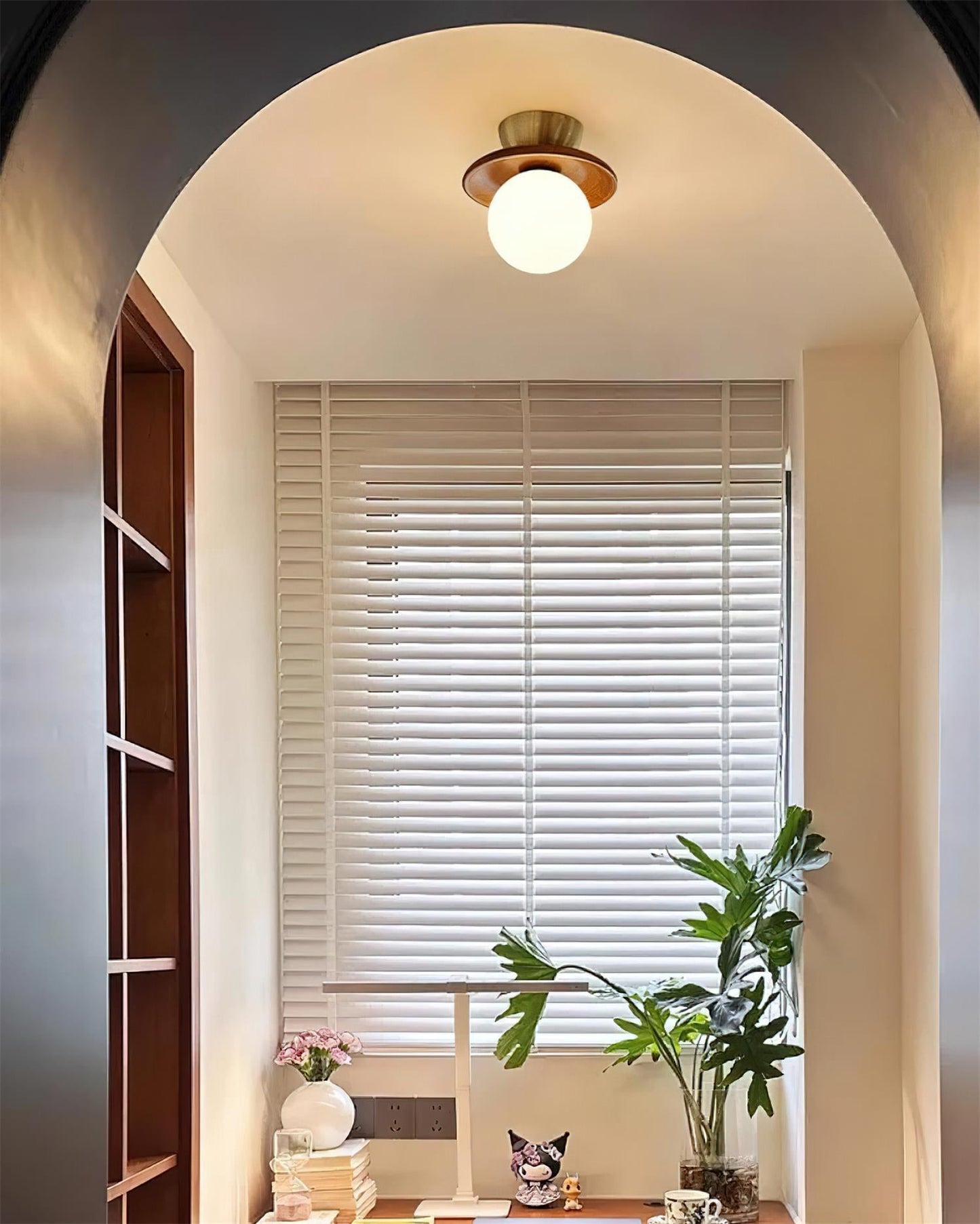 Ceiling Light Globe Opal Glass Modern Brass Walnut Accent Flush Mount