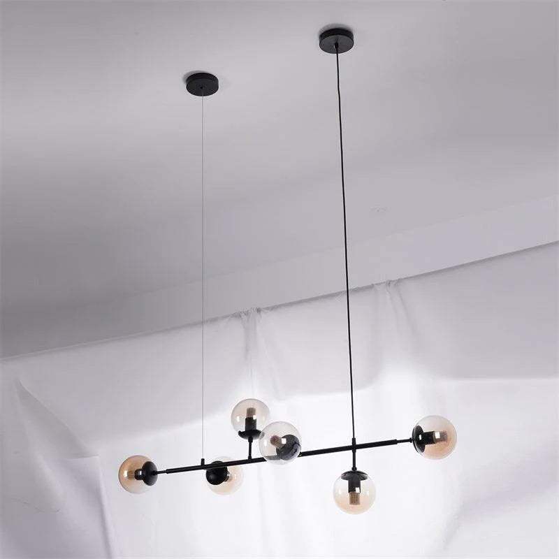 Valentina Industrial Lange lineare Metall-Hängeleuchte mit Blase, mehreren klaren Glaskolben, Schlafzimmer-Pendelleuchte, Messing/Schwarz
