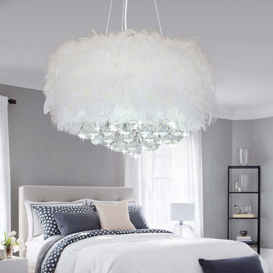 Lustre rond de luxe O'Moore, plumes/cristal, blanc