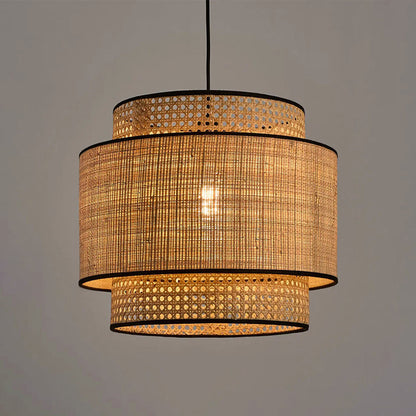 Ritta Wabi Sabi Tri-Layer Cylindrical Rattan/Metal Pendant Light, Wooden