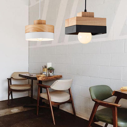 Aria Minimalist Black & White Wood Geometric Pendant Light