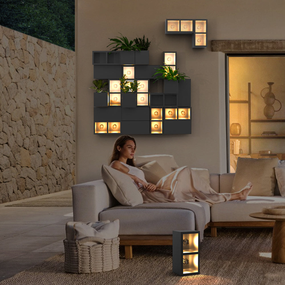Ray Modern Cube Lampe murale d'extérieur carrée en métal/verre Noir