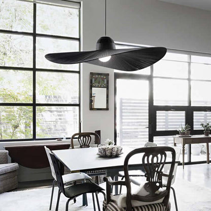 Ritta Modern Woven Wide-Brimmed Hat Shape Metal/Fabric Pendant Light, Black/White