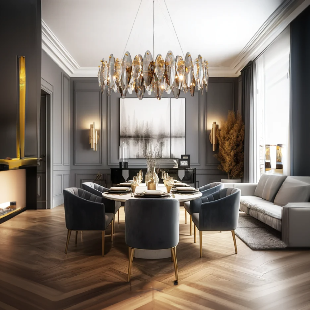Kristy Kristall-Kronleuchter, LED, elliptisch, Glas/Metall, goldfarben, für Wohnzimmer