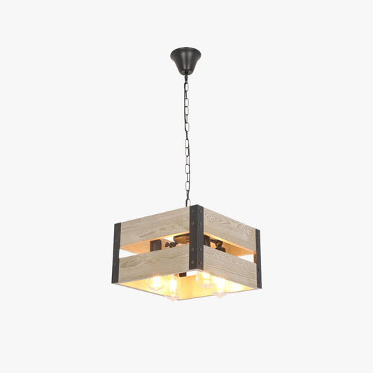 Silva Retro vierkante hanglamp van metaal en hout, 4 lampenkappen, 2 stijlen
