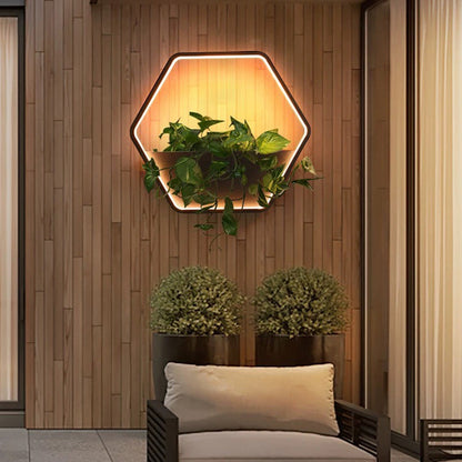 Ray Minimalist Hexagonal Ring With Shelf Metal Outdoor Wall Lamp, Black
