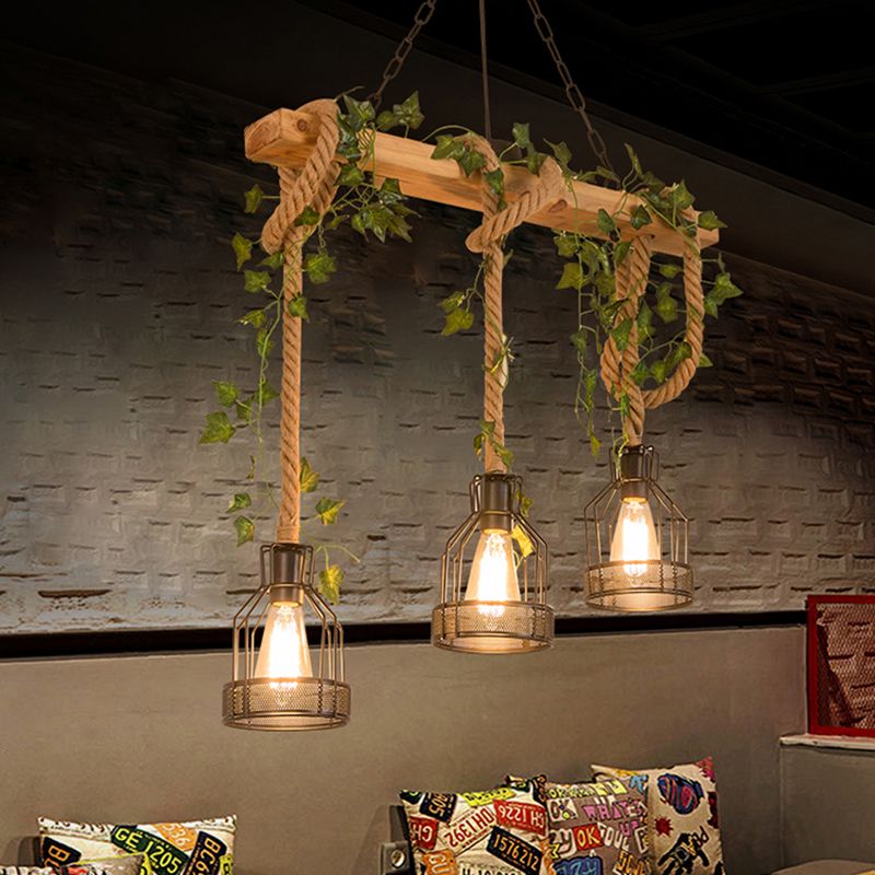 Suspension Epoch Caged Vintage Farmhouse en bois avec 3 ou 5 têtes