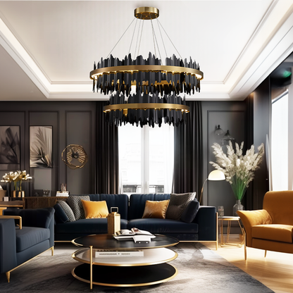 Kristy Industrie-Kronleuchter, zylindrisches Metall, Schwarzgold, für Wohnzimmer