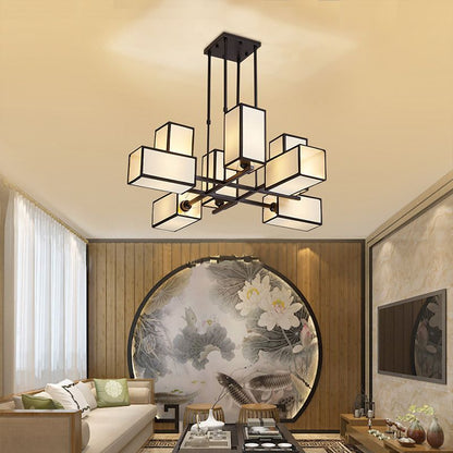 Arisha Pendant Light Square Retro, Metal/Fabric, Black/Gold, Living Room