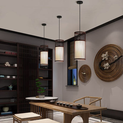Ritta Weave Cylinder Pendant Light, Coffee/Wood, Metal/Bamboo