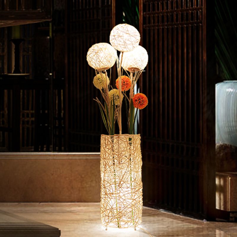 Ritta Retro Vase Wood Rattan Floor Lamp, White/Brown