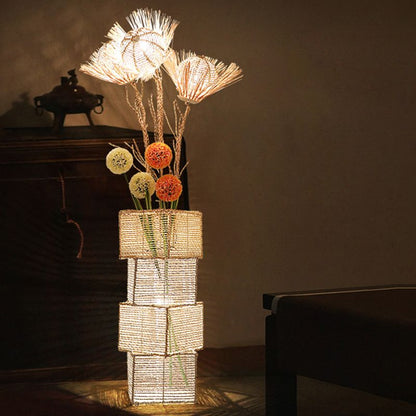 Ritta Retro Vase Wood Rattan Floor Lamp, White/Brown