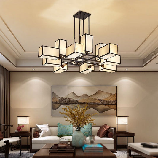 Arisha Hanglamp Vierkant Retro, Metaal/Stof, Zwart/Goud, Woonkamer