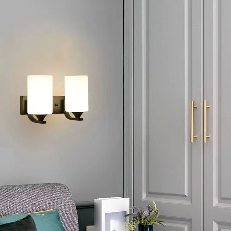 Tiffany Minimalism Cylindrical Metal Glass Art Vanity Wall Lamp, Black/Chrome