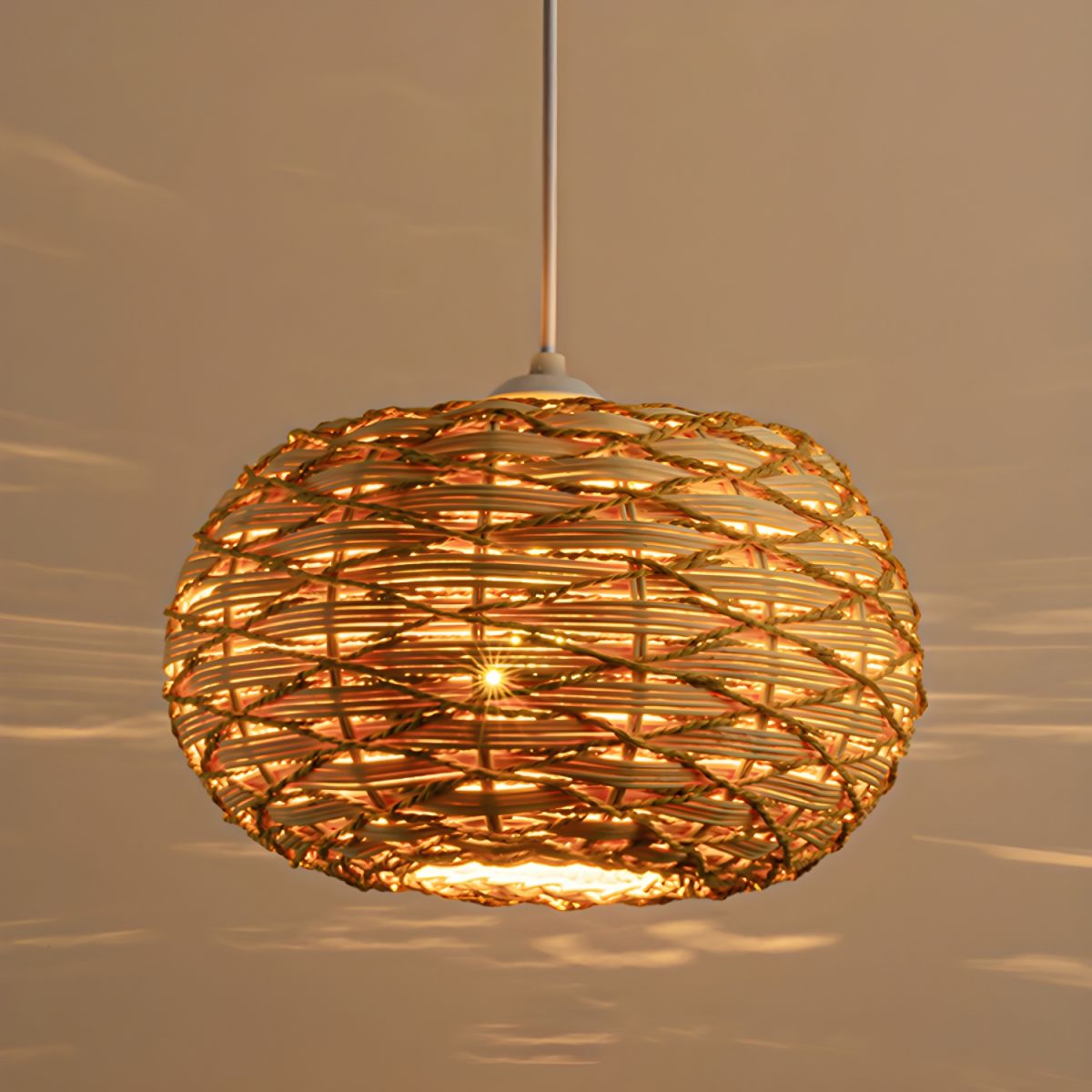 Ritta Boho Retro LED Pendelleuchte Holz Rattan Schlafzimmer/Restaurant