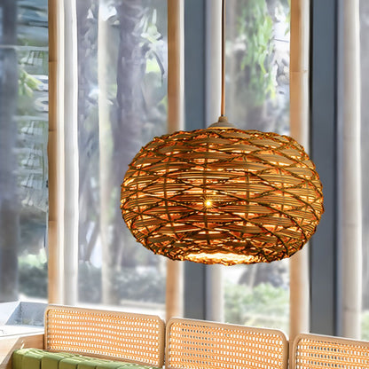 Ritta Boho Retro LED Pendelleuchte Holz Rattan Schlafzimmer/Restaurant