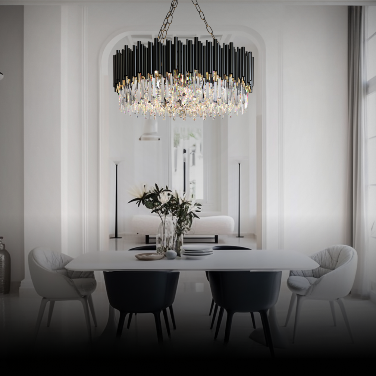 Kristy Industrielle zylindrische Kristall-/Metall-Kronleuchter, schwarzes Wohnzimmer