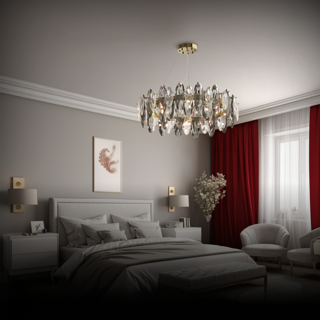 Kristy Kristall-Kronleuchter, LED, elliptisch, Glas/Metall, goldfarben, für Wohnzimmer