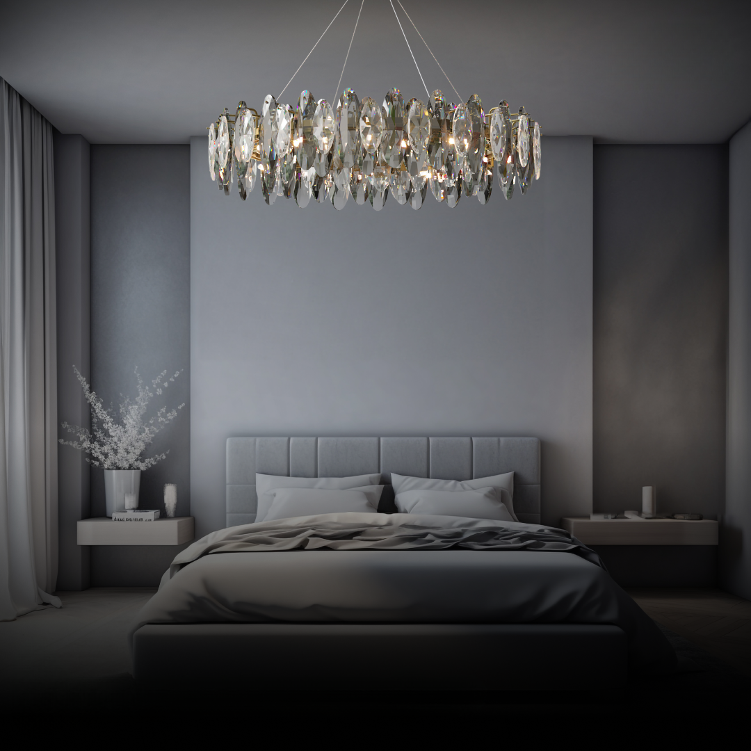 Kristy Kristall-Kronleuchter, LED, elliptisch, Glas/Metall, goldfarben, für Wohnzimmer