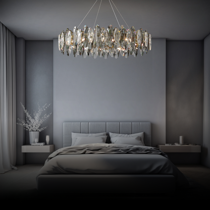 Kristy Kristall-Kronleuchter, LED, elliptisch, Glas/Metall, goldfarben, für Wohnzimmer