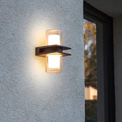 Ray moderne cilindrische metalen buitenwandlamp met 2 koppen, zwart