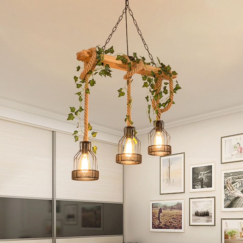 Suspension Epoch Caged Vintage Farmhouse en bois avec 3 ou 5 têtes