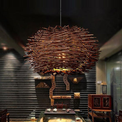Muto Wooden Bird Nest Rattan Pendant Light, Brown/Wood