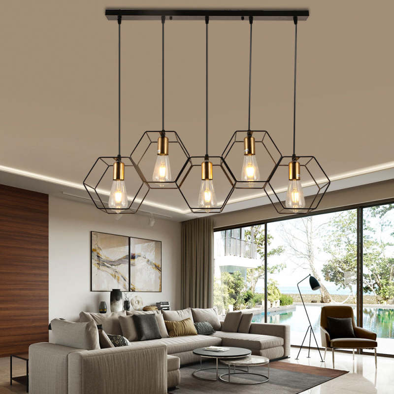 Arisha Lampe suspendue rustique à 3/5 lumières avec géométrie de ferme, noir