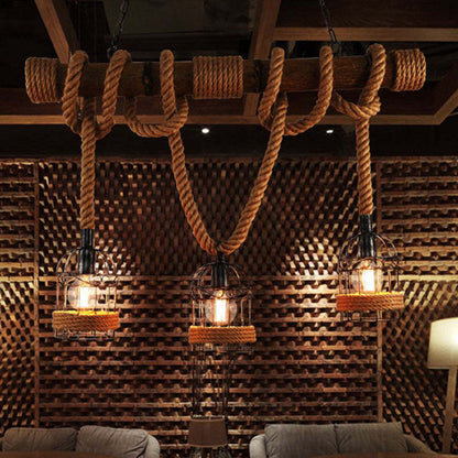 Silva Vintage 3 Heads Wood Rope Pendant Light