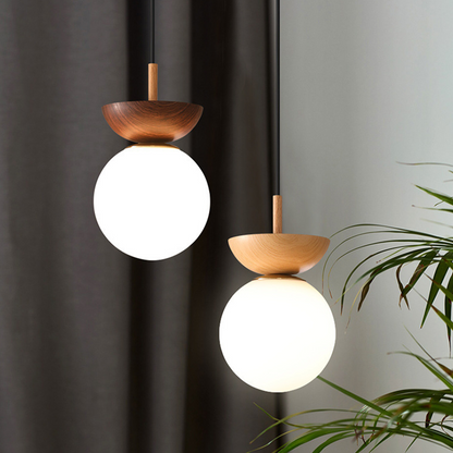 Plafonnier/Suspension LED Globule Valentina Scandinave Japonais Métal Verre Chambre, Bois brut