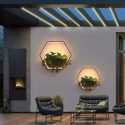 Ray Minimalist Hexagonal Ring With Shelf Metal Outdoor Wall Lamp, Black