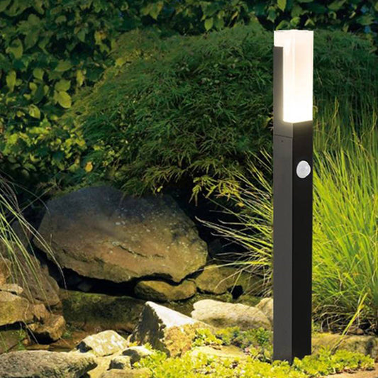 Ray moderne metalen rechthoekige buitenpadverlichting met sensor, zwart