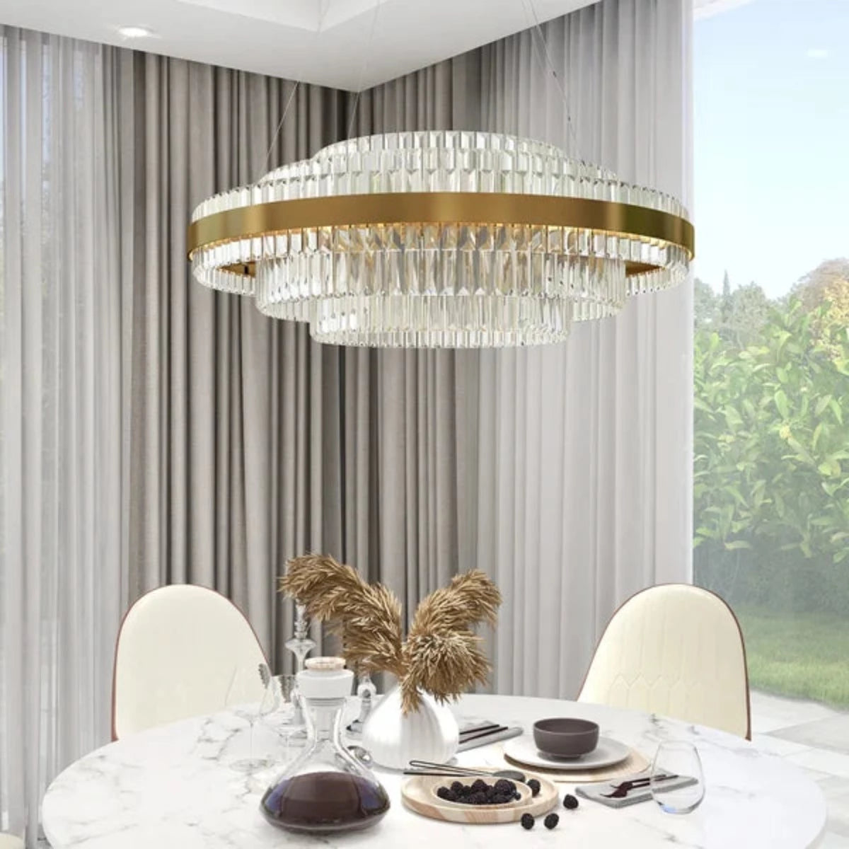 Kristy Moderner mehrstufiger Kristall-LED-Kronleuchter im Wohnzimmer aus Messing