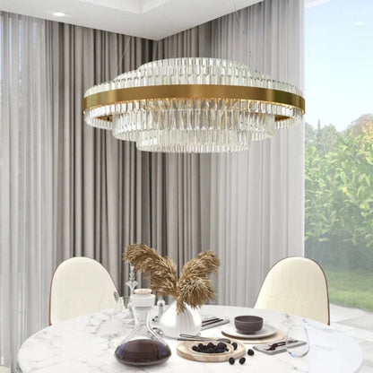 Kristy Moderner mehrstufiger Kristall-LED-Kronleuchter im Wohnzimmer aus Messing