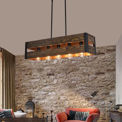Silva Retro Rectangular Metal & Wood Pendant Light, 5 Heads, 2 Style