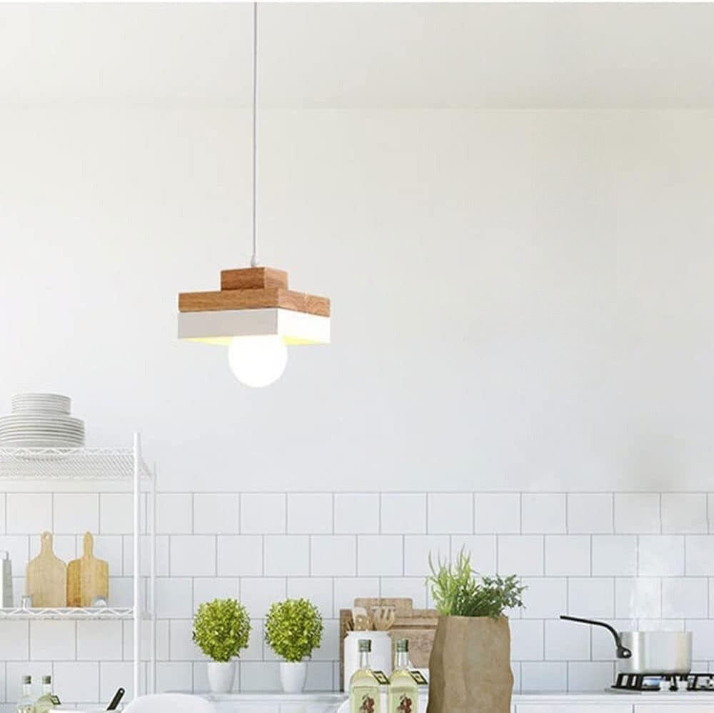 Aria Minimalist Black & White Wood Geometric Pendant Light