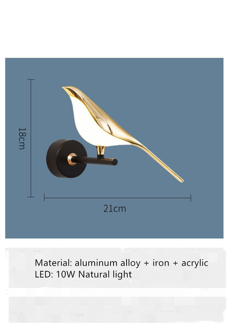 Arisha Minimalistische Elster-Vogel-Wandlampe aus Metall, Schlafzimmer