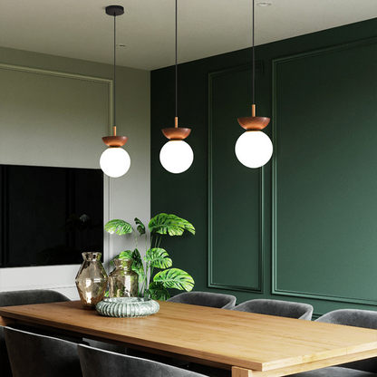 Plafonnier/Suspension LED Globule Valentina Scandinave Japonais Métal Verre Chambre, Bois brut