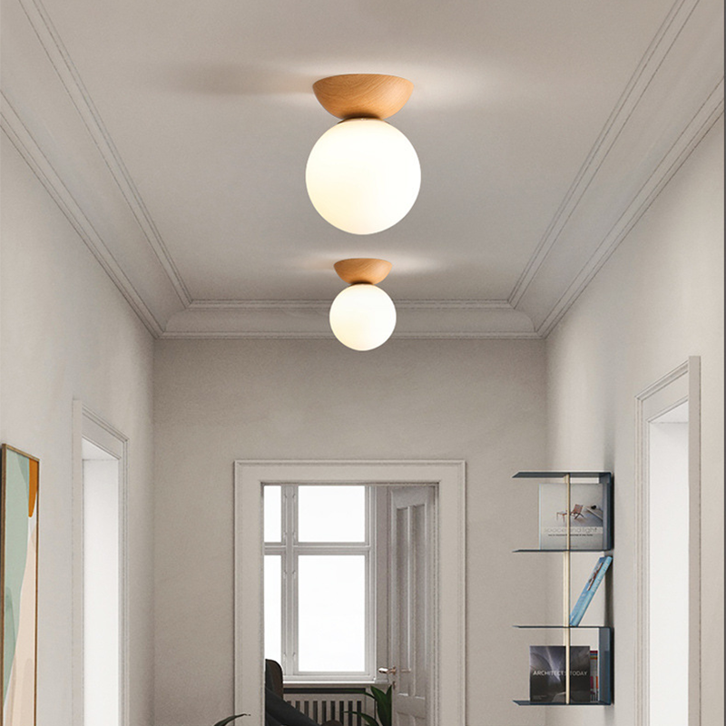 Plafonnier/Suspension LED Globule Valentina Scandinave Japonais Métal Verre Chambre, Bois brut