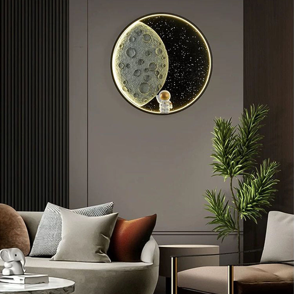 Applique murale ronde lune noire Aria Astronaut, métal